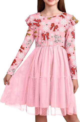 Girls Christmas Tulle Hem Ruffle Sleeve Midi Dress 1-10 Years in Kuwait