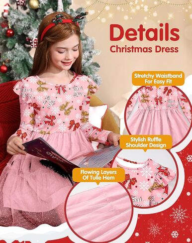 Girls Christmas Tulle Hem Ruffle Sleeve Midi Dress 1-10 Years in Kuwait