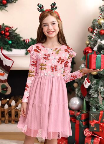 Girls Christmas Tulle Hem Ruffle Sleeve Midi Dress 1-10 Years in Kuwait