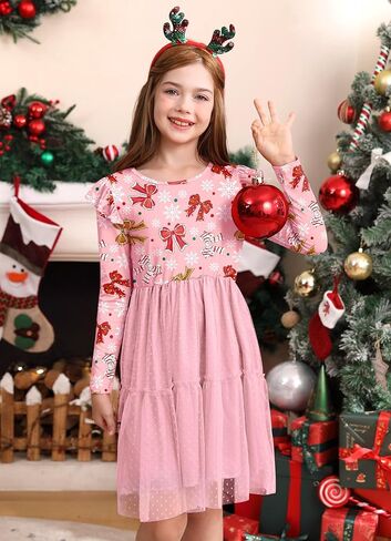 Girls Christmas Tulle Hem Ruffle Sleeve Midi Dress 1-10 Years in Kuwait