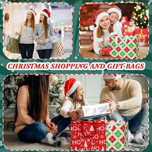 Sanwuta 48 Pcs Christmas Bags Bulk for Gifts 12.8 x 9.8 x 6.7 in Large Tote Treat Grocery Bags with Handles Red Green Striped Dots Plaid Reusable Non Woven Gifts Pocket for Holiday Wrapping Shopping in Saudi Arabia