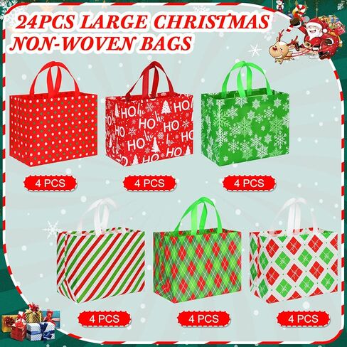 Sanwuta 48 Pcs Christmas Bags Bulk for Gifts 12.8 x 9.8 x 6.7 in Large Tote Treat Grocery Bags with Handles Red Green Striped Dots Plaid Reusable Non Woven Gifts Pocket for Holiday Wrapping Shopping in Saudi Arabia