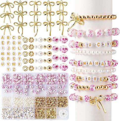 OSNIE Pink Flower Ceramic Beads - 681Pcs Vintage Pink Flower Printed Spacer Beads, Round Porcelain Pearl Gold Bead Making Kit for Women, Bow Charm DIY Jewelry Supplies Handmade Craft Gift for Necklace in Saudi Arabia