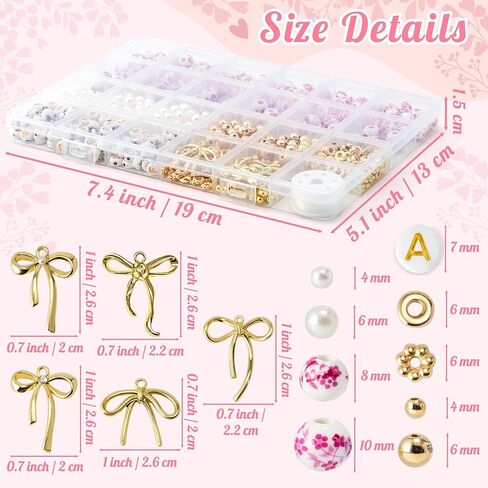 OSNIE Pink Flower Ceramic Beads - 681Pcs Vintage Pink Flower Printed Spacer Beads, Round Porcelain Pearl Gold Bead Making Kit for Women, Bow Charm DIY Jewelry Supplies Handmade Craft Gift for Necklace in Saudi Arabia