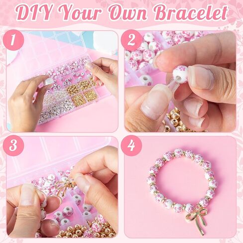 OSNIE Pink Flower Ceramic Beads - 681Pcs Vintage Pink Flower Printed Spacer Beads, Round Porcelain Pearl Gold Bead Making Kit for Women, Bow Charm DIY Jewelry Supplies Handmade Craft Gift for Necklace in Saudi Arabia