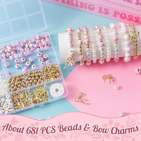 OSNIE Pink Flower Ceramic Beads - 681Pcs Vintage Pink Flower Printed Spacer Beads, Round Porcelain Pearl Gold Bead Making Kit for Women, Bow Charm DIY Jewelry Supplies Handmade Craft Gift for Necklace in Saudi Arabia