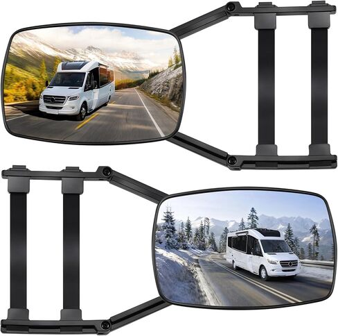 Car Towing Mirrors, 2Pcs Black, Extendable Towing Mirrors for Trucks & SUVs, Clip-On/Strap-On Universal Fit, Frameless Glass for Wider View, Anti-Vibration, Easy Installation in Saudi Arabia
