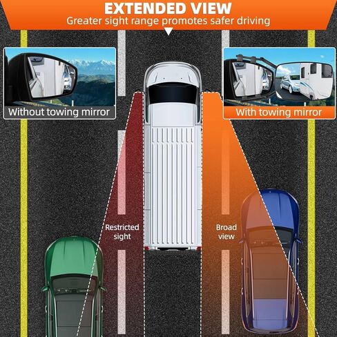 Car Towing Mirrors, 2Pcs Black, Extendable Towing Mirrors for Trucks & SUVs, Clip-On/Strap-On Universal Fit, Frameless Glass for Wider View, Anti-Vibration, Easy Installation in Saudi Arabia