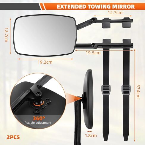 Car Towing Mirrors, 2Pcs Black, Extendable Towing Mirrors for Trucks & SUVs, Clip-On/Strap-On Universal Fit, Frameless Glass for Wider View, Anti-Vibration, Easy Installation in Saudi Arabia