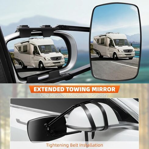 Car Towing Mirrors, 2Pcs Black, Extendable Towing Mirrors for Trucks & SUVs, Clip-On/Strap-On Universal Fit, Frameless Glass for Wider View, Anti-Vibration, Easy Installation in Saudi Arabia