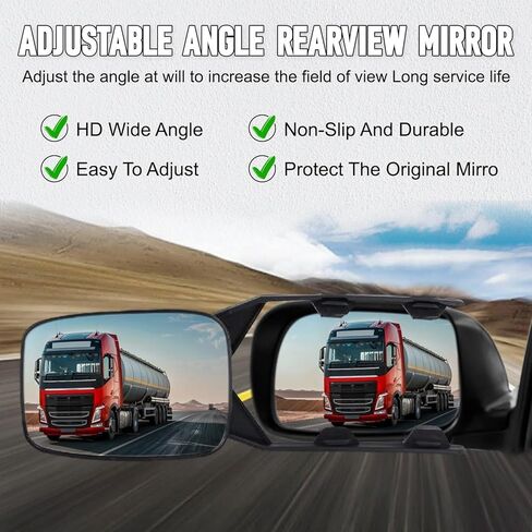 Car Towing Mirrors, 2Pcs Black, Extendable Towing Mirrors for Trucks & SUVs, Clip-On/Strap-On Universal Fit, Frameless Glass for Wider View, Anti-Vibration, Easy Installation in Saudi Arabia