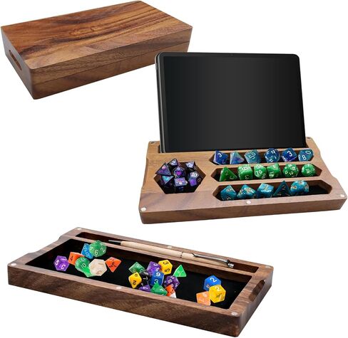 2 Pcs Walnut Dice Box 4.8 x 9 x 1.6 inch Secures Lid Portable Tray Handmade Rolling Dice Tray with Storage, Magnetic Lock and Phone Stand for Tabletop RPG and Board Games in Saudi Arabia