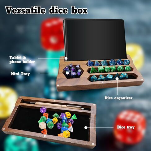 2 Pcs Walnut Dice Box 4.8 x 9 x 1.6 inch Secures Lid Portable Tray Handmade Rolling Dice Tray with Storage, Magnetic Lock and Phone Stand for Tabletop RPG and Board Games in Saudi Arabia
