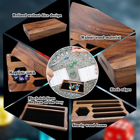 2 Pcs Walnut Dice Box 4.8 x 9 x 1.6 inch Secures Lid Portable Tray Handmade Rolling Dice Tray with Storage, Magnetic Lock and Phone Stand for Tabletop RPG and Board Games in Saudi Arabia