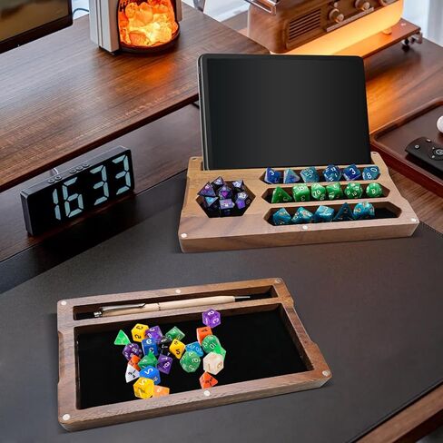 2 Pcs Walnut Dice Box 4.8 x 9 x 1.6 inch Secures Lid Portable Tray Handmade Rolling Dice Tray with Storage, Magnetic Lock and Phone Stand for Tabletop RPG and Board Games in Saudi Arabia