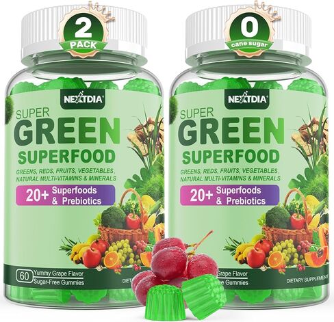 Super Greens Gummies w/Oragnic Spirulina, Chlorella, Superfoods, Prebiotic Fiber, Probiotic, Mushrooms, Fruit Veggie, for Digestive Gut Health, Bloating Relief, Immunity, Overall Health, 120 Cts in Kuwait
