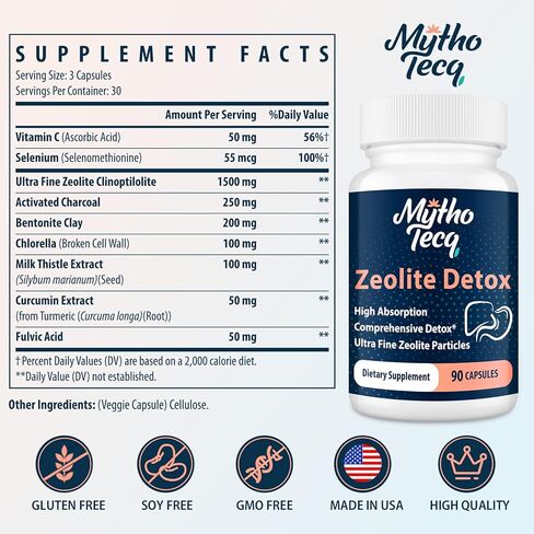2300 MG Zeolite Detox Capsules - Activated Charcoal & Bentonite Clay, Highly Absorbable Full Body Detox, Liver & Gut Detox Cleanse, Zeolite Clinoptilolite for Heavy Metal Detox （90 Capsules） in Saudi Arabia