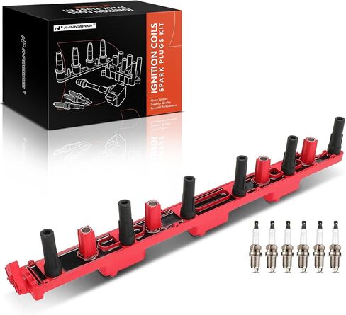 A-Premium (Red) 1x Ignition Coil Pack and 6x Iridium Spark Plugs Compatible with Jeep WJ Series Grand Cherokee 2000-2004, TJ Series Wrangler 2000-2006, TJ 2000-2006, XJ Series Cherokee 2000-2001, 4.0L in Saudi Arabia