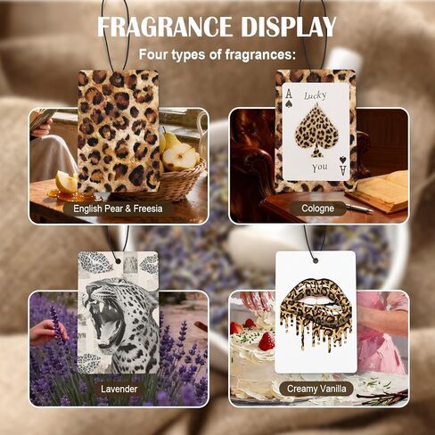 العصرية الرجعية ليوبارد طباعة سيارة الهواء المعطر 4 قطع، غير تقليدي براون لاكي ايس الفهد الشفاه شنقا معطر الهواء للسيارات خزانة الكتب درج، لطيف اكسسوارات السيارات جرلي للنساء in Kuwait
