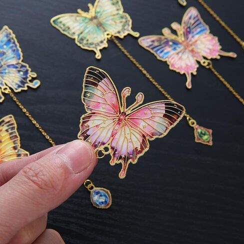 6 Pieces Metal Butterfly Bookmarks with Chain, Golden Hollow Bookmark Oil Painting Theme Book Mark Bookmarks for Book Lovers Writers Readers Teens for Women in Saudi Arabia