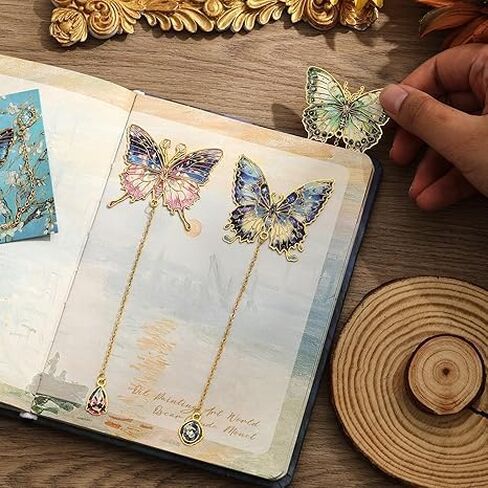 6 Pieces Metal Butterfly Bookmarks with Chain, Golden Hollow Bookmark Oil Painting Theme Book Mark Bookmarks for Book Lovers Writers Readers Teens for Women in Saudi Arabia