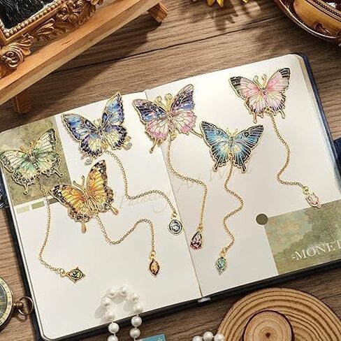 6 Pieces Metal Butterfly Bookmarks with Chain, Golden Hollow Bookmark Oil Painting Theme Book Mark Bookmarks for Book Lovers Writers Readers Teens for Women in Saudi Arabia