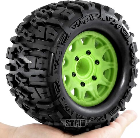 مجموعة عجلات وإطارات سداسية RC مقاس 12 مم/14 مم من STMU لشاحنات RC 1/10 - متوافقة مع Traxxas Rustler، Stampede، Hoss 2WD/4X4 VXL، Arrma، Redcat، RIAARIO، AMORIL - 4 قطع (أخضر) in Kuwait