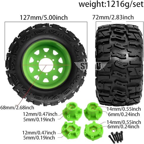مجموعة عجلات وإطارات سداسية RC مقاس 12 مم/14 مم من STMU لشاحنات RC 1/10 - متوافقة مع Traxxas Rustler، Stampede، Hoss 2WD/4X4 VXL، Arrma، Redcat، RIAARIO، AMORIL - 4 قطع (أخضر) in Kuwait