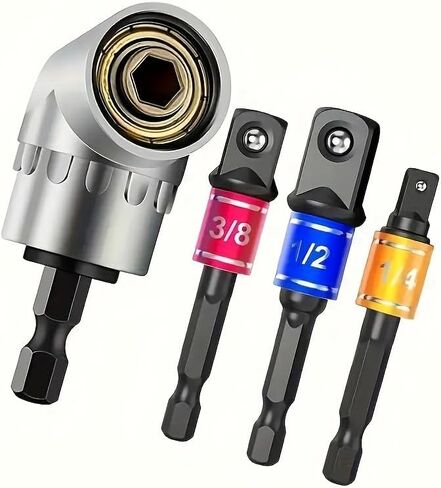 4pcs Impact Grade Power Tool Set with Socket Adapter & Extension - Durable Metal Construction, Includes 1/4", 3/8", 1/2" Hex Shank Drill Bits, Nut Driver, and 105° Right Angle Attachment in Saudi Arabia