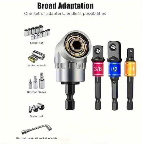 4pcs Impact Grade Power Tool Set with Socket Adapter & Extension - Durable Metal Construction, Includes 1/4", 3/8", 1/2" Hex Shank Drill Bits, Nut Driver, and 105° Right Angle Attachment in Saudi Arabia
