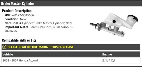 Brake Master Cylinder - Compatible with 2003-2007 Honda Accord 2.4L 4-Cylinder in Saudi Arabia