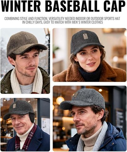CLAPE Men's Winter Hat Outdoor Visor Dad Hat Warm Wool Sport Golf Baseball Cap Hats with Earflaps in Saudi Arabia