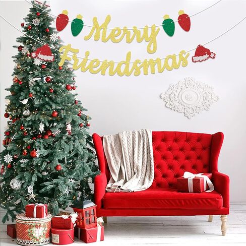 Merry Friendsmas Banner Christmas Paty Decorations, Funny Christmas Party Decor, Xmas Holiday Office Home Decor Gold Glitter in Saudi Arabia