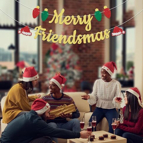 Merry Friendsmas Banner Christmas Paty Decorations, Funny Christmas Party Decor, Xmas Holiday Office Home Decor Gold Glitter in Saudi Arabia