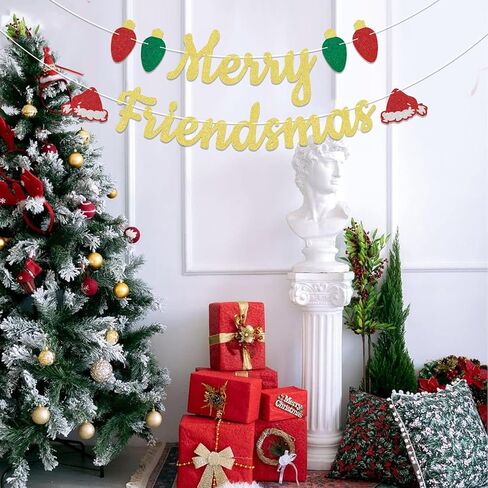 Merry Friendsmas Banner Christmas Paty Decorations, Funny Christmas Party Decor, Xmas Holiday Office Home Decor Gold Glitter in Saudi Arabia