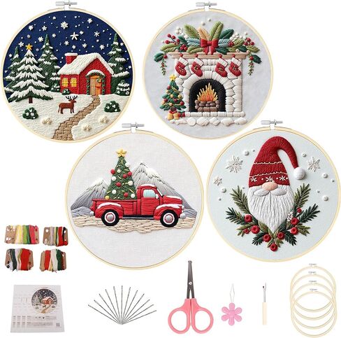 Elecbee Christmas Embroidery Kit for Adults, 4 Sets Embroidery Kit for Beginners Christmas Cross Stitch Kits for Beginners with Needles, Thread, Pattern and Instructions in Saudi Arabia