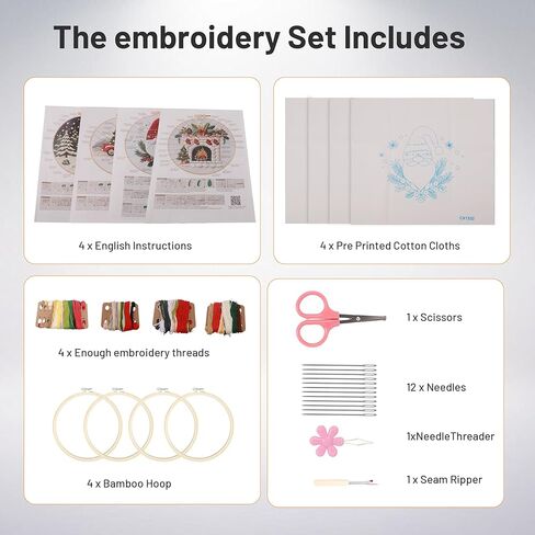 Elecbee Christmas Embroidery Kit for Adults, 4 Sets Embroidery Kit for Beginners Christmas Cross Stitch Kits for Beginners with Needles, Thread, Pattern and Instructions in Saudi Arabia