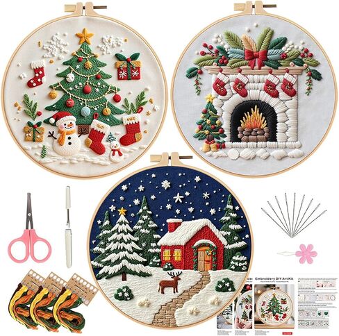 Elecbee Christmas Embroidery Kit for Adults, 4 Sets Embroidery Kit for Beginners Christmas Cross Stitch Kits for Beginners with Needles, Thread, Pattern and Instructions in Saudi Arabia