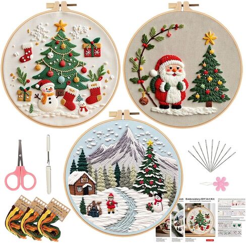 Elecbee Christmas Embroidery Kit for Adults, 4 Sets Embroidery Kit for Beginners Christmas Cross Stitch Kits for Beginners with Needles, Thread, Pattern and Instructions in Saudi Arabia