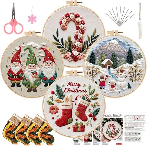 Elecbee Christmas Embroidery Kit for Adults, 4 Sets Embroidery Kit for Beginners Christmas Cross Stitch Kits for Beginners with Needles, Thread, Pattern and Instructions in Saudi Arabia