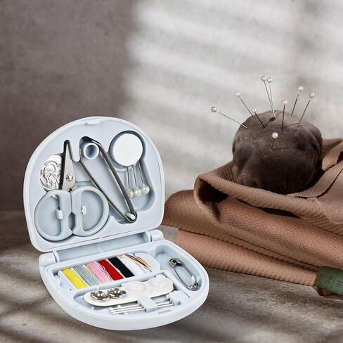 Mini Minimalist Portable Sewing Box, Cute Basic Emergency Sewing Kit with Needles Threads Buttons Scissors for Travel, Small Sews Box Kit for Women Adults to Daily Use (Light Blue) in Saudi Arabia