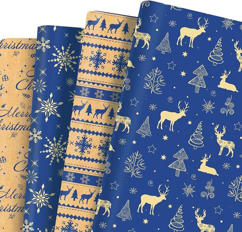 Jajajuegos Christmas Wrapping Paper Set - 12 Sheets Xmas Gift Wrapping Paper, 4 Design Including Snowflakes, Reindeer & Merry Christmas Patterns | 20x27'' for Winter Holiday Themed Party Decorations in Saudi Arabia