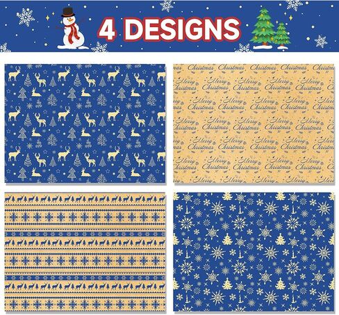 Jajajuegos Christmas Wrapping Paper Set - 12 Sheets Xmas Gift Wrapping Paper, 4 Design Including Snowflakes, Reindeer & Merry Christmas Patterns | 20x27'' for Winter Holiday Themed Party Decorations in Saudi Arabia