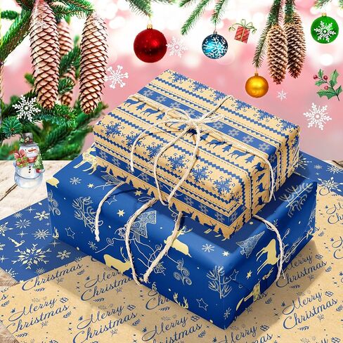 Jajajuegos Christmas Wrapping Paper Set - 12 Sheets Xmas Gift Wrapping Paper, 4 Design Including Snowflakes, Reindeer & Merry Christmas Patterns | 20x27'' for Winter Holiday Themed Party Decorations in Saudi Arabia