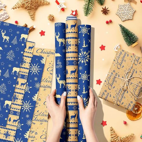 Jajajuegos Christmas Wrapping Paper Set - 12 Sheets Xmas Gift Wrapping Paper, 4 Design Including Snowflakes, Reindeer & Merry Christmas Patterns | 20x27'' for Winter Holiday Themed Party Decorations in Saudi Arabia