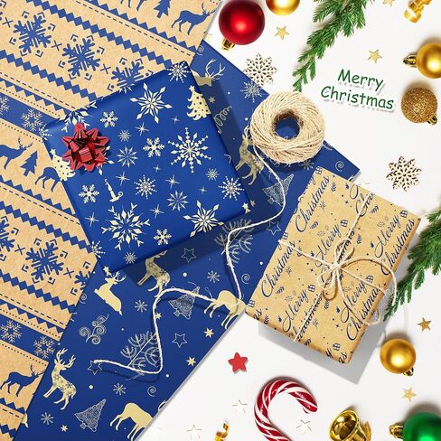 Jajajuegos Christmas Wrapping Paper Set - 12 Sheets Xmas Gift Wrapping Paper, 4 Design Including Snowflakes, Reindeer & Merry Christmas Patterns | 20x27'' for Winter Holiday Themed Party Decorations in Saudi Arabia