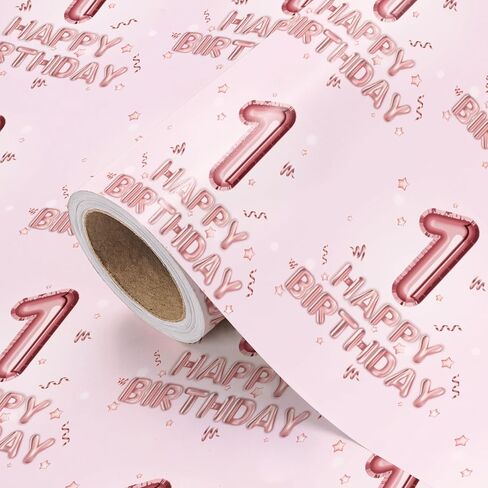 WRAPAHOLIC Girl 1st Birthday Wrapping Paper - Mini Roll - 17 Inch x 16.5 Feet - Happy Birthday Wrapping Paper Perfect for Kids Girls, Baby Shower in Saudi Arabia