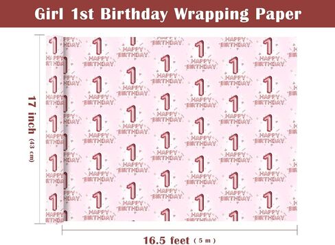 WRAPAHOLIC Girl 1st Birthday Wrapping Paper - Mini Roll - 17 Inch x 16.5 Feet - Happy Birthday Wrapping Paper Perfect for Kids Girls, Baby Shower in Saudi Arabia