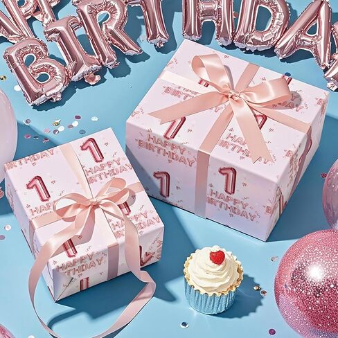 WRAPAHOLIC Girl 1st Birthday Wrapping Paper - Mini Roll - 17 Inch x 16.5 Feet - Happy Birthday Wrapping Paper Perfect for Kids Girls, Baby Shower in Saudi Arabia