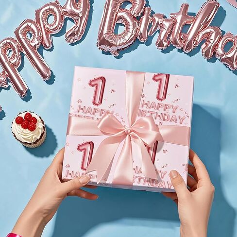 WRAPAHOLIC Girl 1st Birthday Wrapping Paper - Mini Roll - 17 Inch x 16.5 Feet - Happy Birthday Wrapping Paper Perfect for Kids Girls, Baby Shower in Saudi Arabia